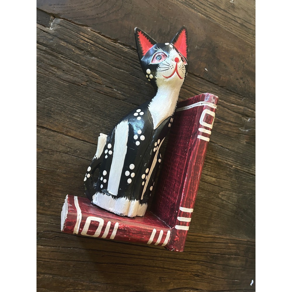 Vintage Indonesian Wooden Cat Bookend Folk Art Black White Cat Shelf Decor - Picture 3 of 9